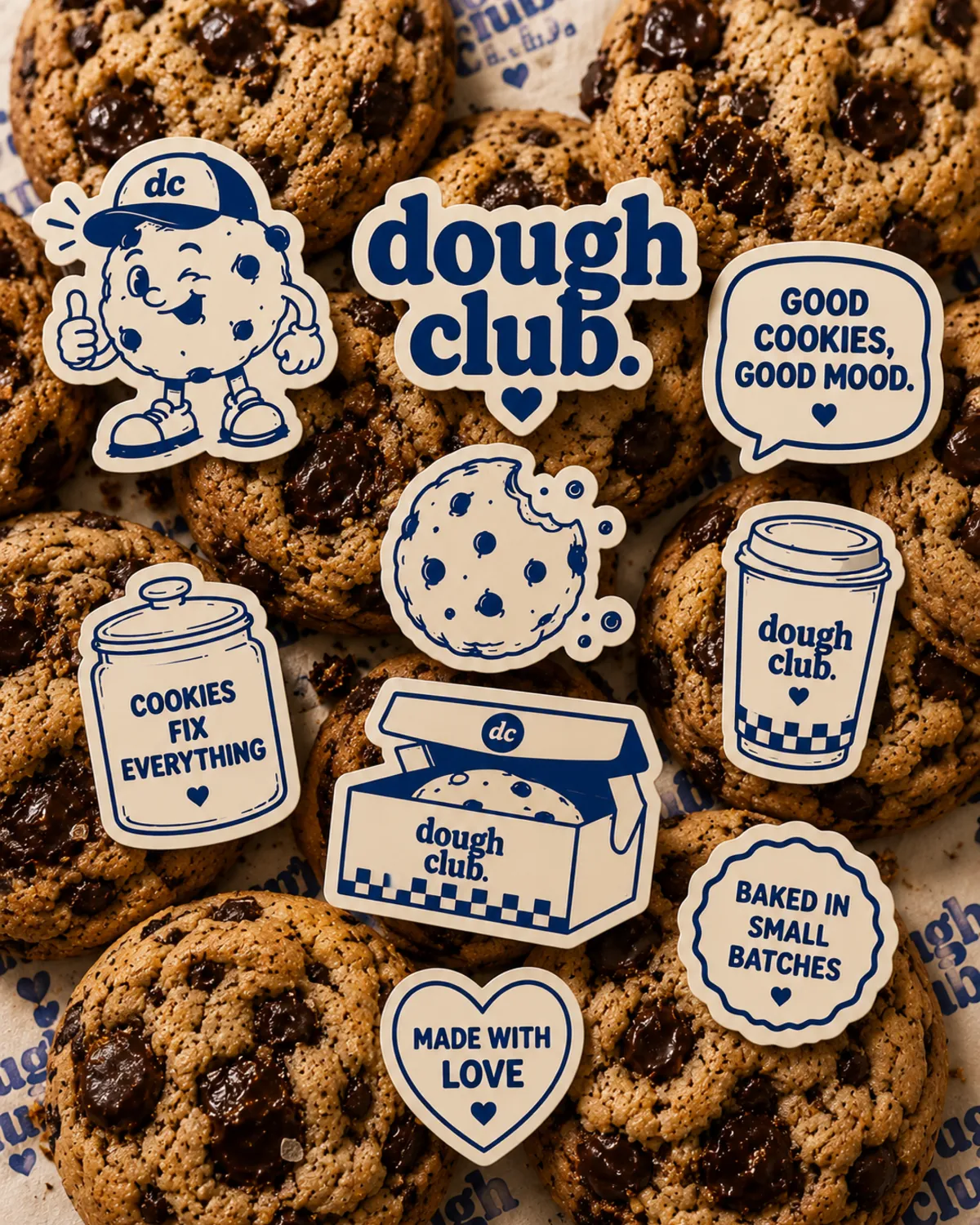 Dough Club stickers scattered over chocolate chip cookies