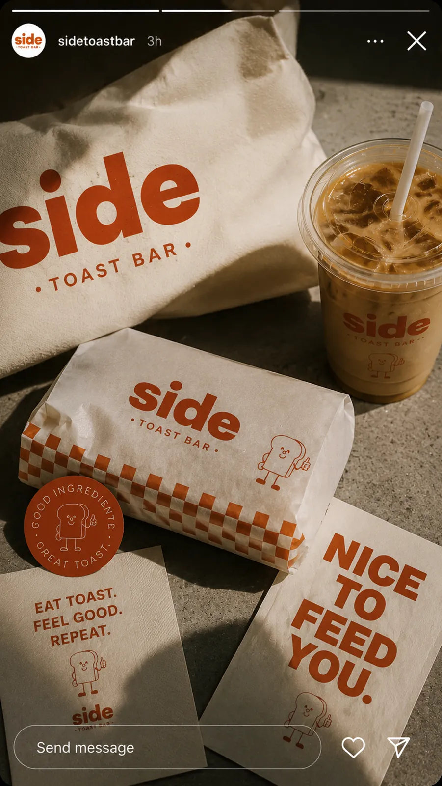 Side Toast Bar Instagram story with wrapped sandwiches and iced coffee
