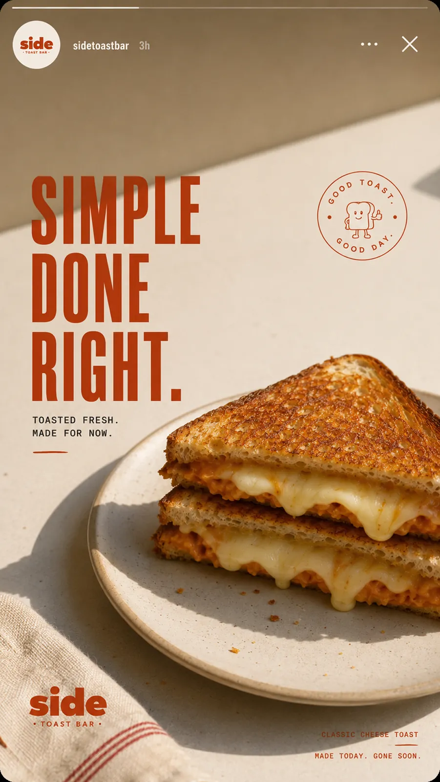 Side Toast Bar story: Simple done right, with a grilled cheese toast