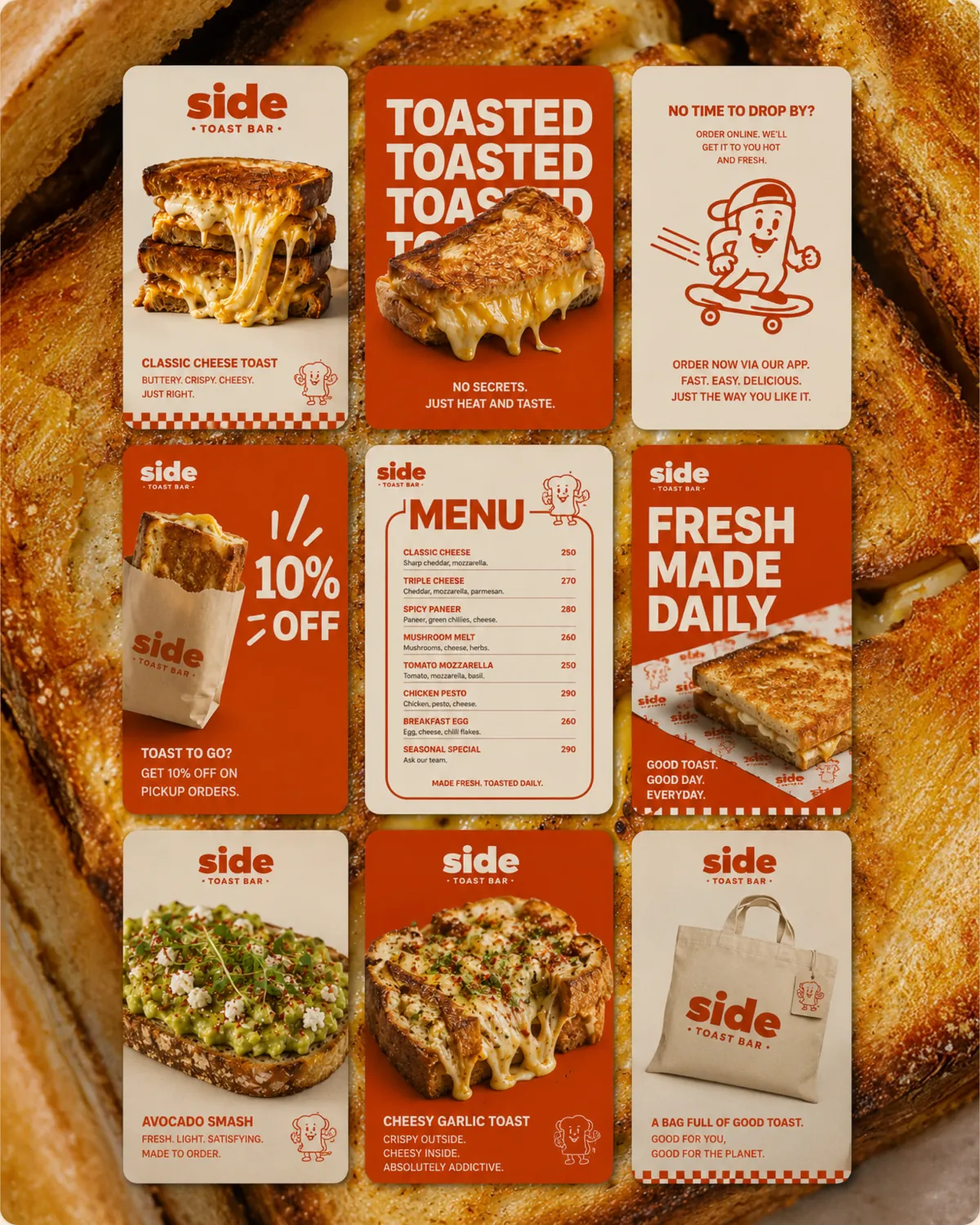 Side Toast Bar social grid of menu posts and offers