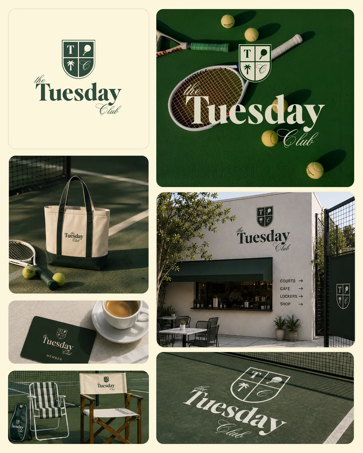 Tuesday Club brand collage: tote bag, cap, member card, clubhouse and court signage