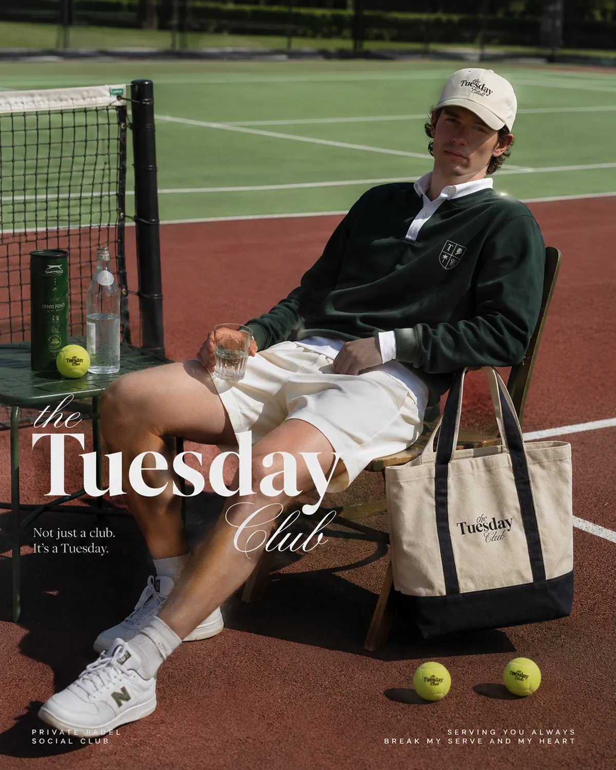 Tuesday Club campaign poster: a player relaxing courtside with a branded tote