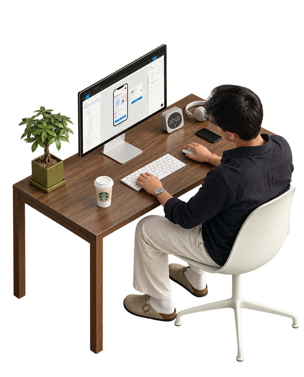 Illustration of Dev Singh working at his desk
