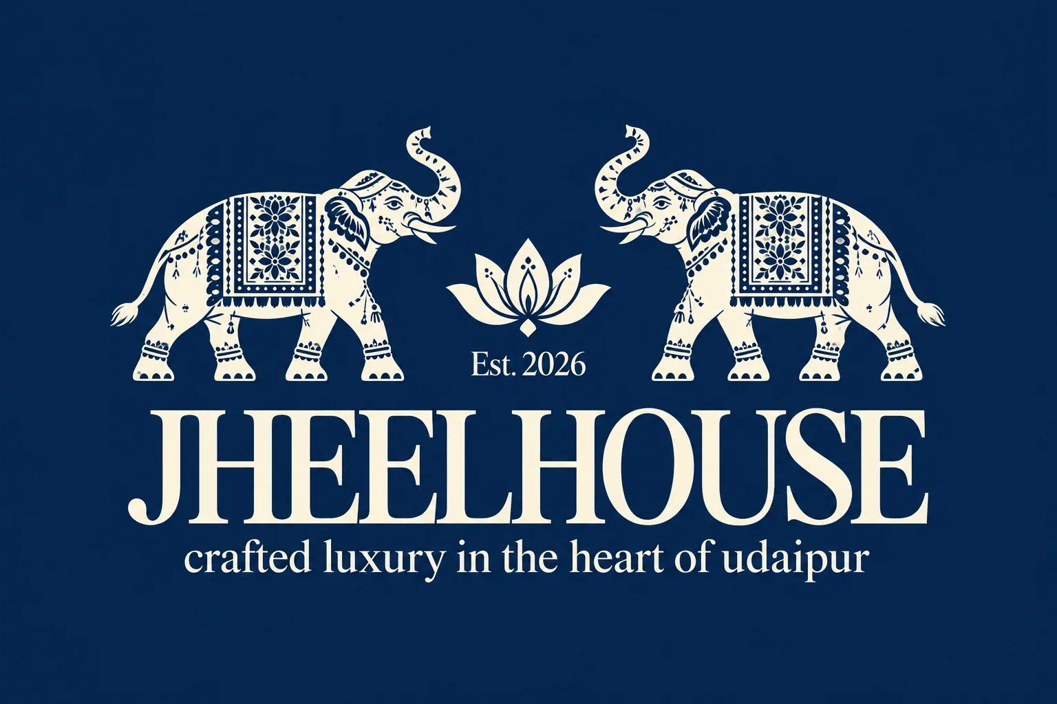 Jheelhouse logo in cream on navy: two decorated elephants facing a lotus