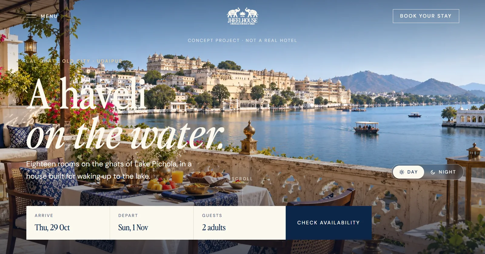 Jheelhouse website homepage: rooftop breakfast above Lake Pichola with a date and guest booking bar